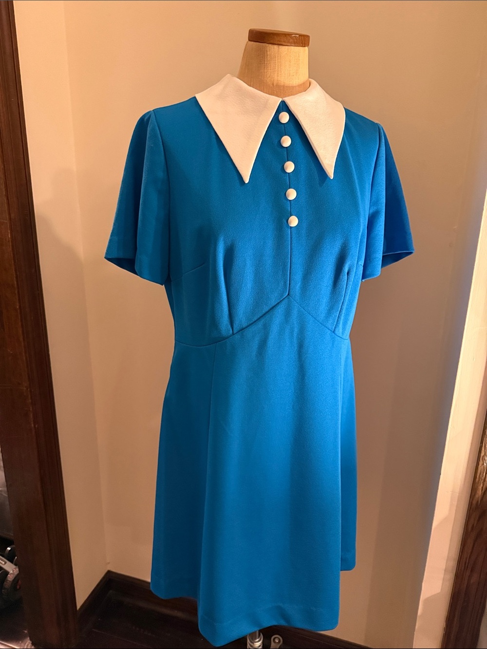 Bright Blue Mini Dress with White Pointed Collar